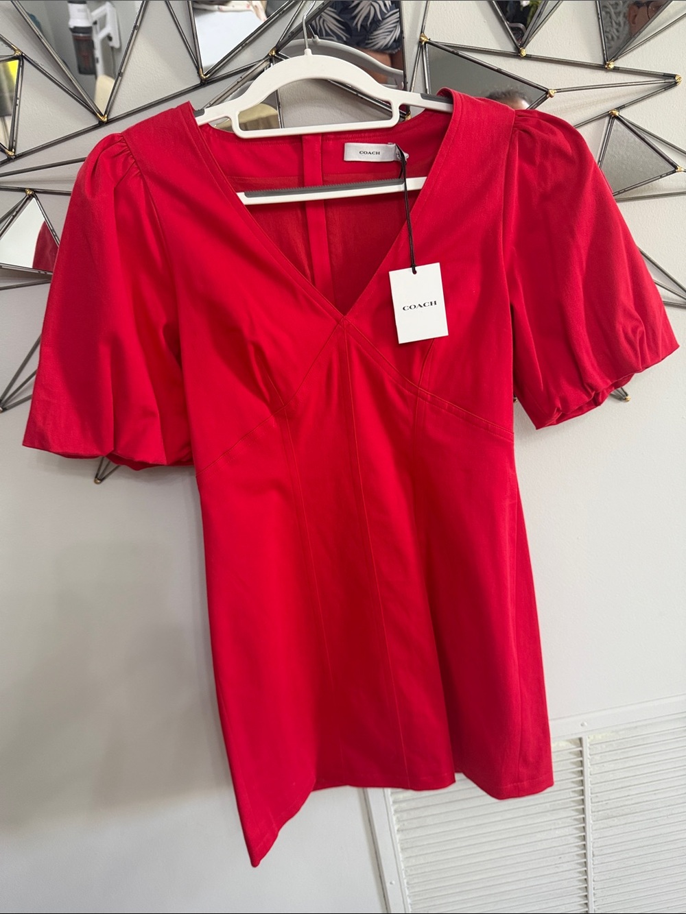 Coach Bright Red V-Neck Puff Sleeve dress Sz 0